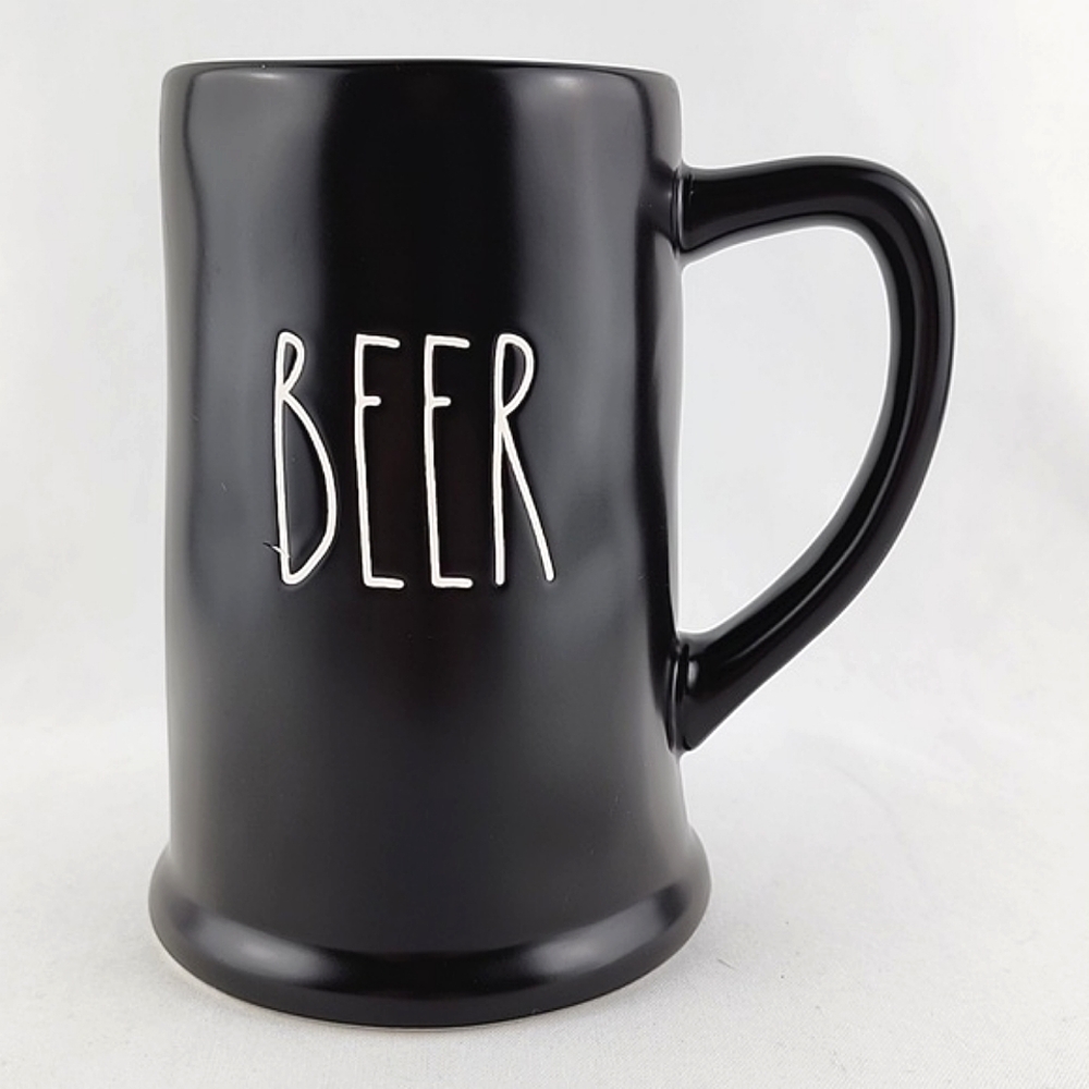 RAE DUNN Tall Mat Black Beer Stein Mug White Large Letters Engraved BEER